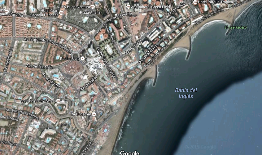 Playa del Inglés y sus urbanizaciones, vistos por Google Maps